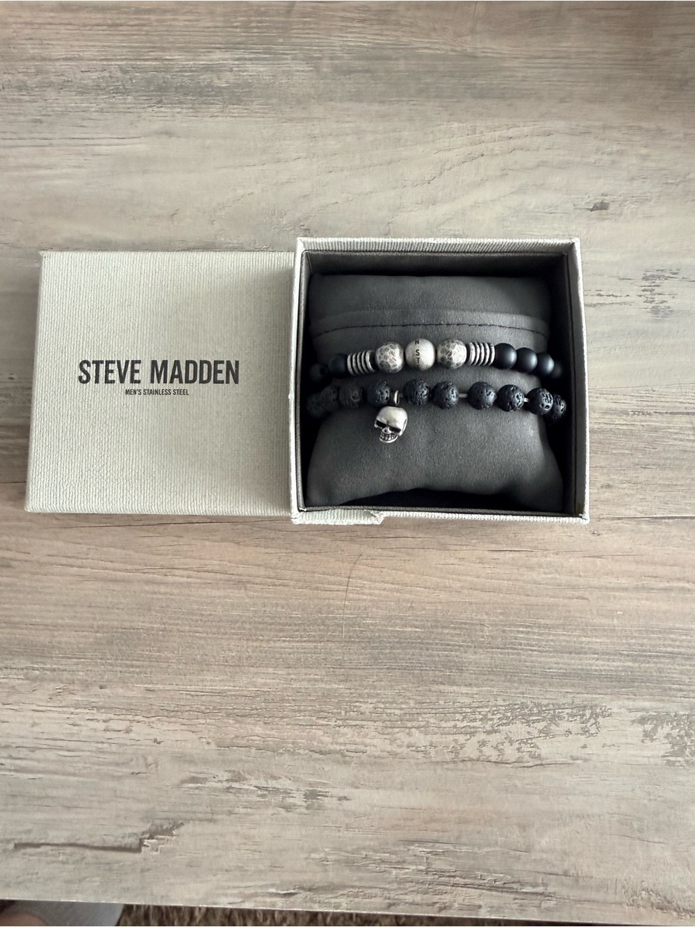 Steve Madden Men's Black Beaded Bracelet Stack with Silver Skull Accent
